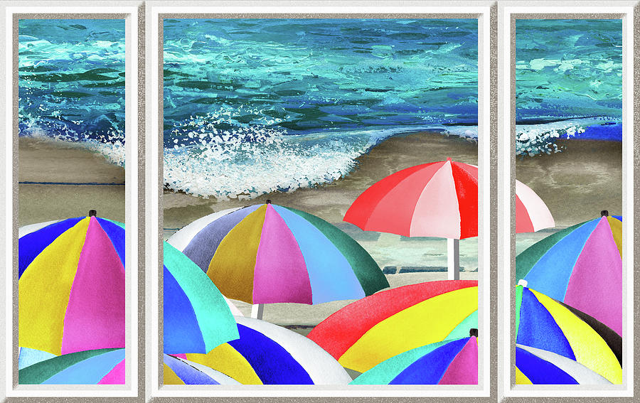 Beach House Window View Of Hot Summer Season Ocean Shore Umbrellas Watercolor Painting by Irina Sztukowski