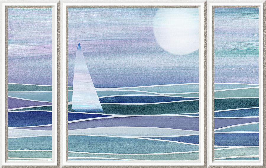 Beach House Window View To Ocean And Sailboat Watercolor II Painting by Irina Sztukowski