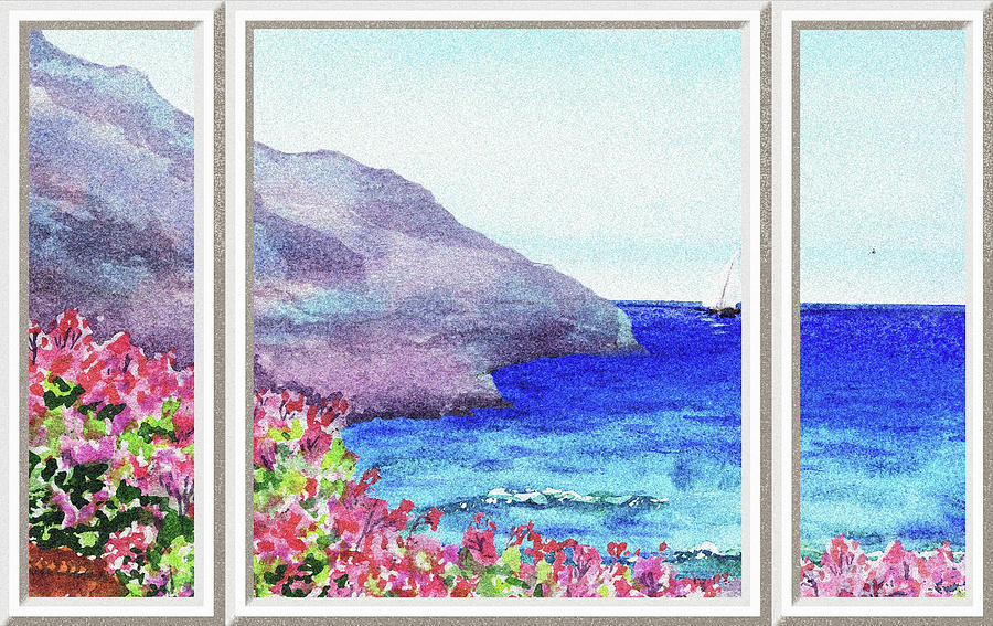 Beach House Window View To Ocean And Sailboat Watercolor XVI Painting by Irina Sztukowski