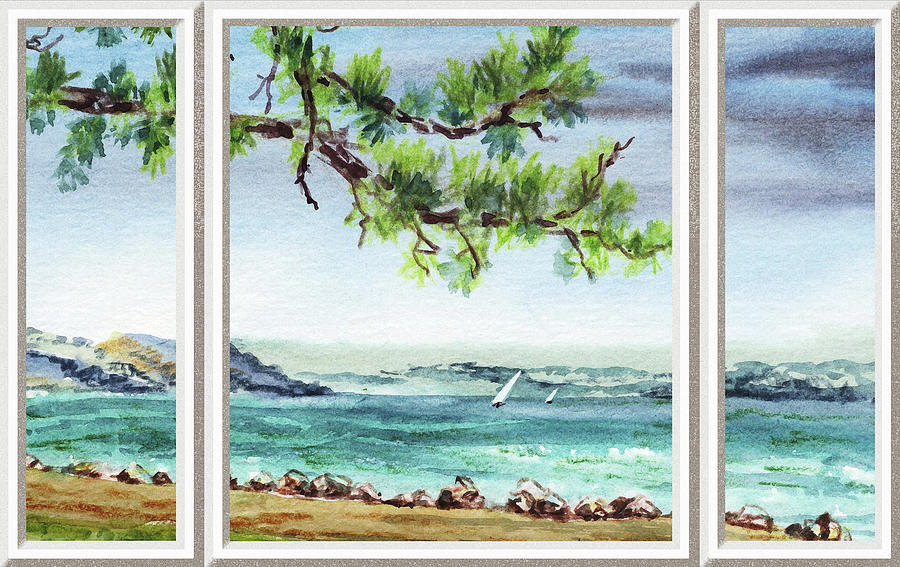 Beach House Window View To Ocean And Sailboat Watercolor XVII Painting by Irina Sztukowski