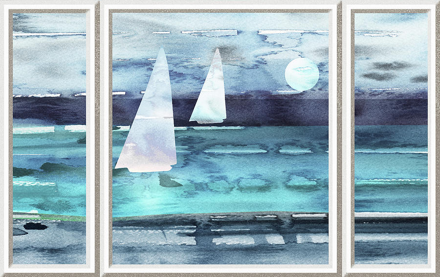 Beach House Window View To Ocean And Sailboats Watercolor IV Painting by Irina Sztukowski