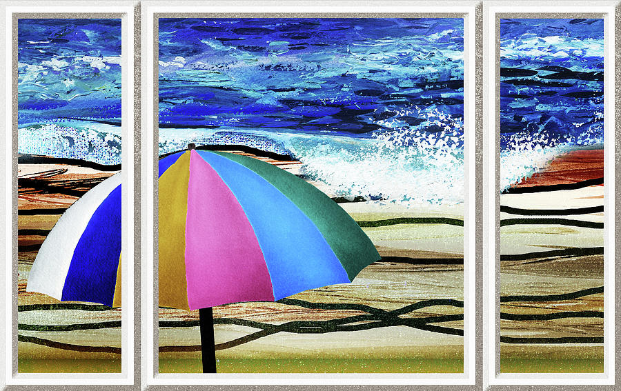 Beach House Window View To Ocean Shore With Umbrella Watercolor Painting by Irina Sztukowski