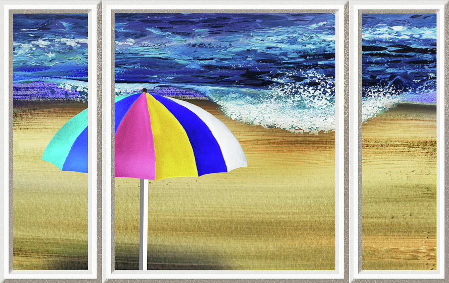 Impressionism Painting - Beach House Window View To The Sea Shore With Umbrella Watercolor by Irina Sztukowski