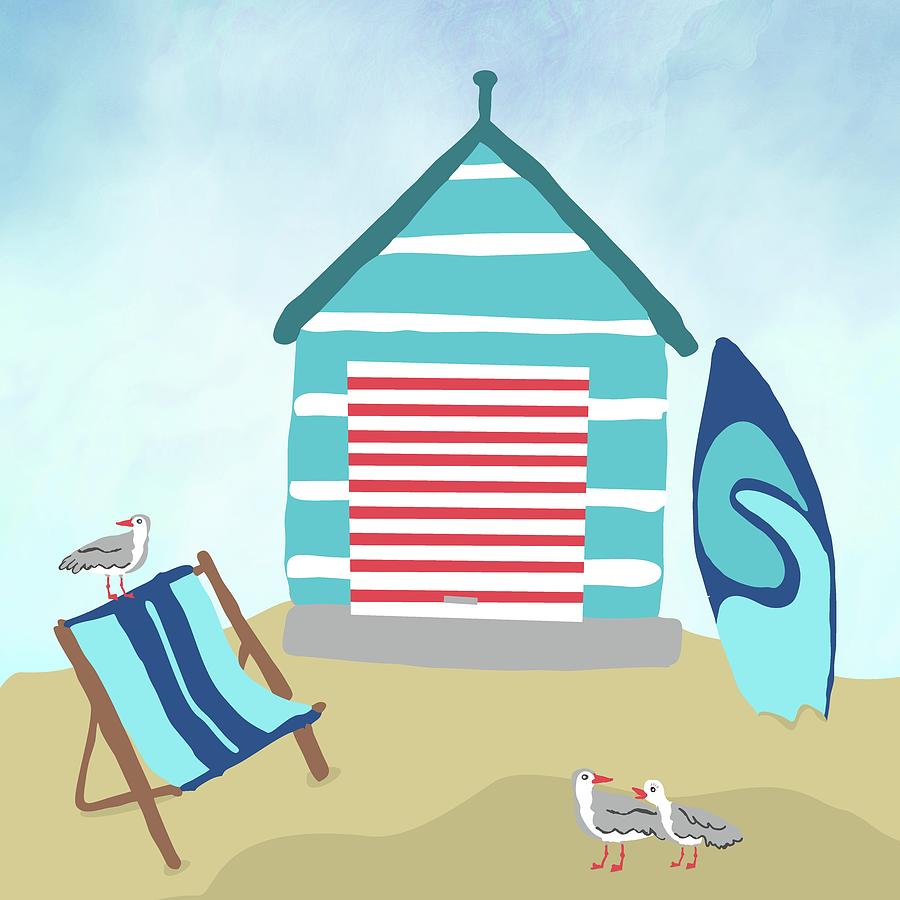 Beach Hut with Surfboard, seagulls and deck chair Mixed Media by ...