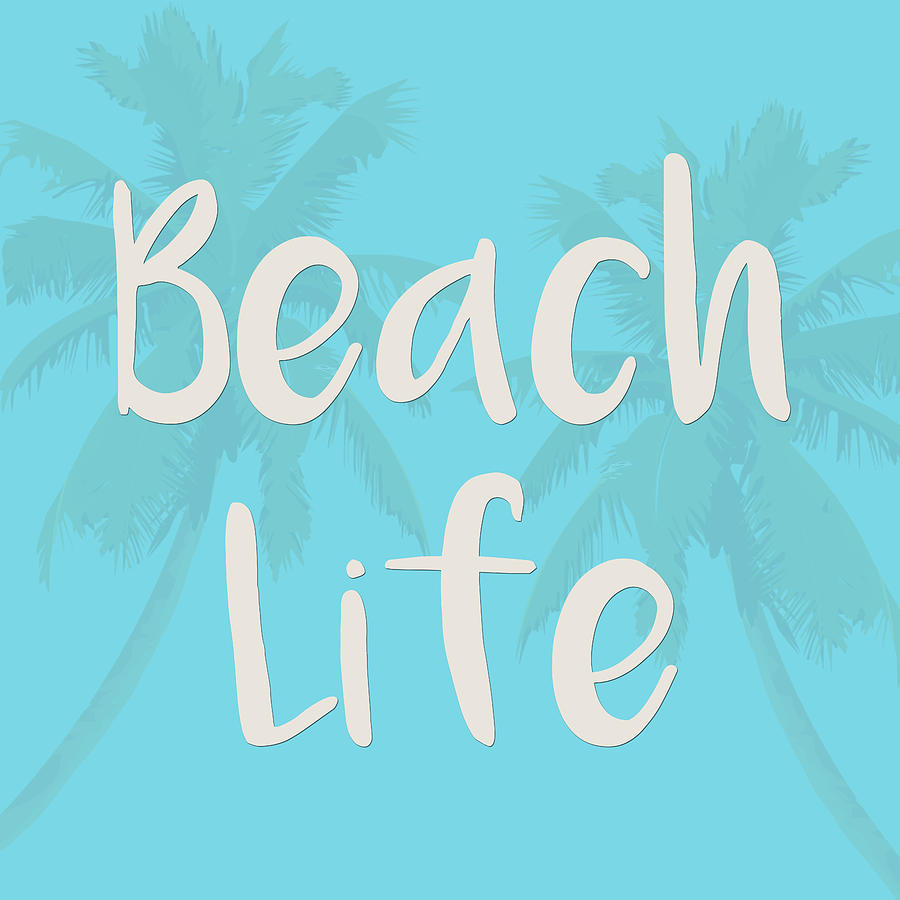 Beach Life with Palm Trees in Blue Digital Art by Angie Tirado