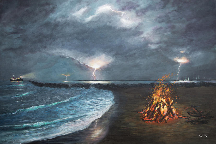 Beach Lightning Painting Painting by Ken Figurski