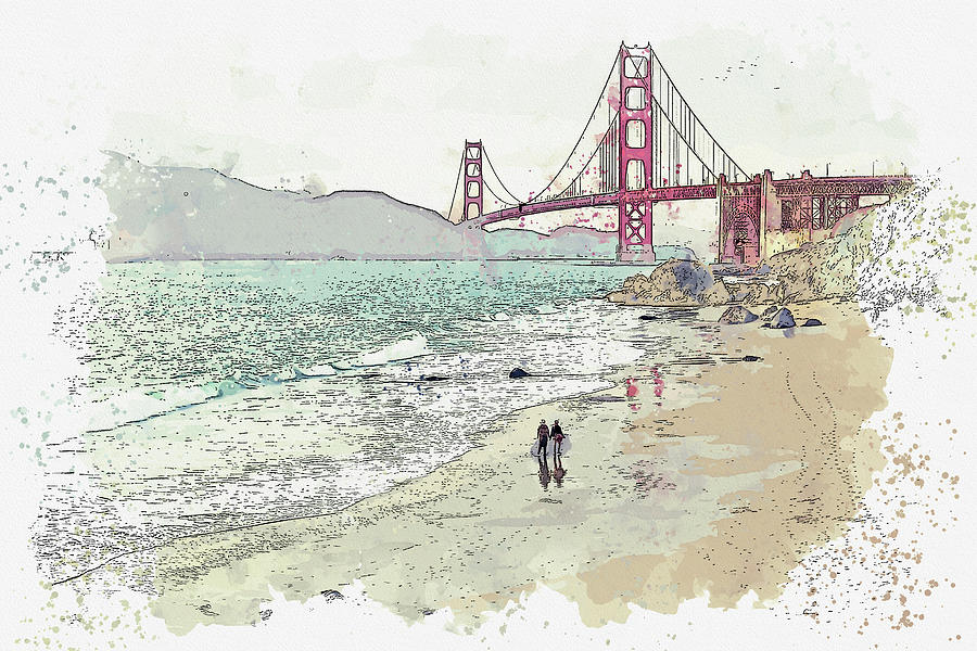 Architecture Painting - Beach Near Golden Gate Bridge, ca 2021 by Ahmet Asar, Asar Studios by Celestial Images
