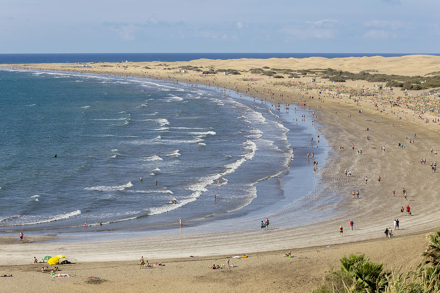 Beach of Playa del Ingles, the dunes of Maspalomas at the back, southern coast of the island, Gran Canaria, Canary Islands, Spain Photograph by Stella