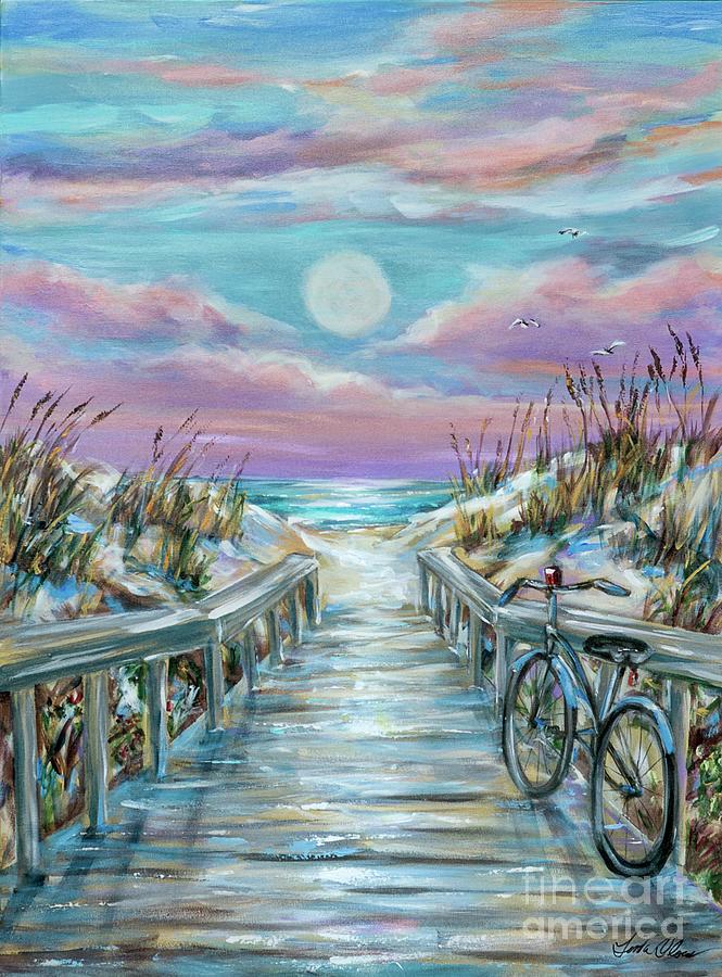 Beach Parking Moonrise Painting by Linda Olsen