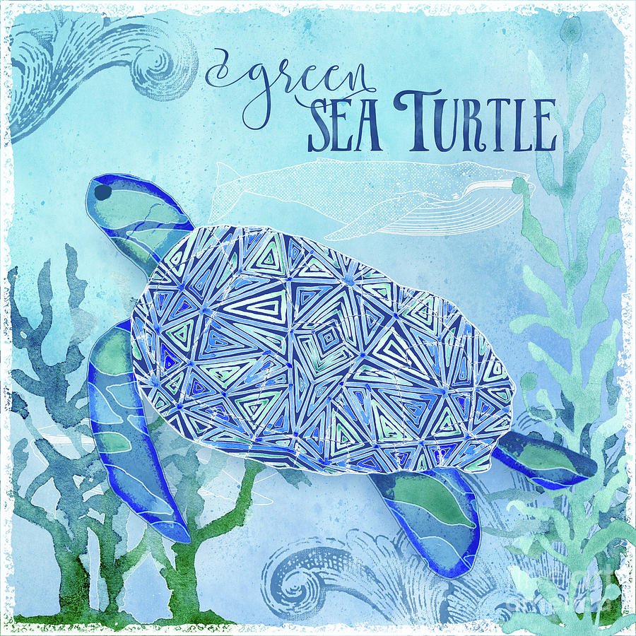 Beach Sea Glass Turtle Modern Watercolor Coral Whale Seaweed Painting by Audrey Jeanne Roberts