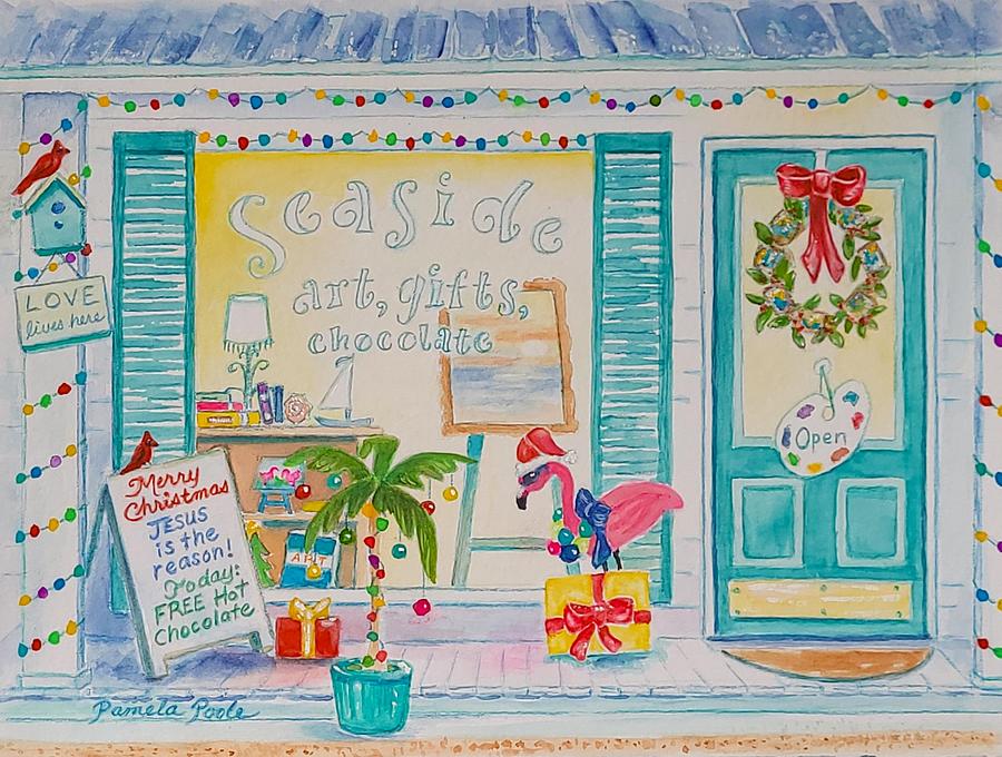 Beach Shop Christmas Card Painting by Pamela Poole