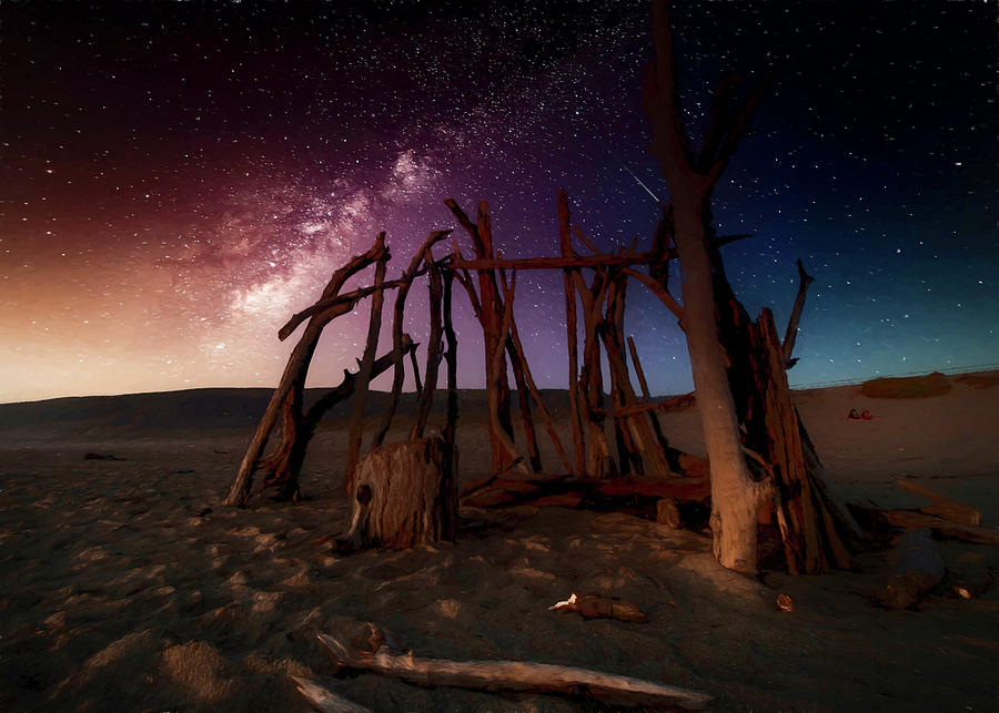 Beach Structure Under the Stars Mixed Media by Ron Grafe