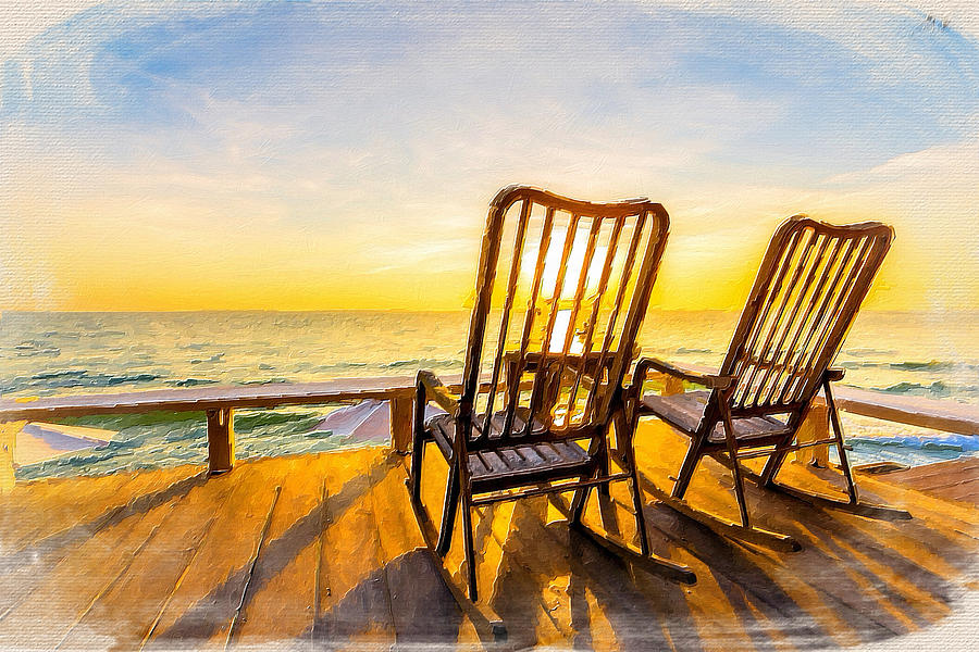 Beach Sunset Ocean Sea chairs Dock Painting by Tony Rubino