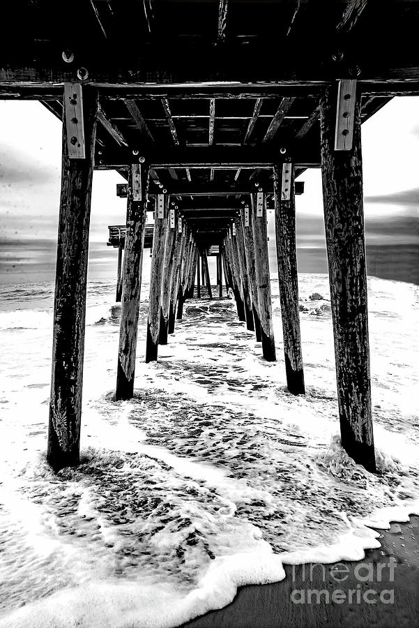 Beach Surf Under A Pier-black And White Photograph