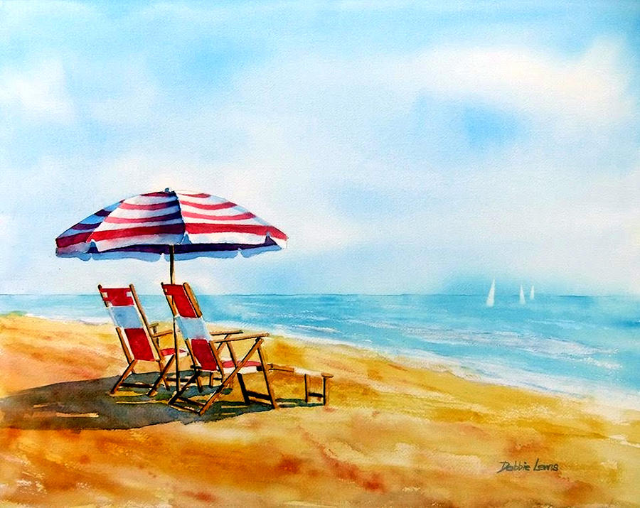 Beach Umbrella and Chairs Painting by Debbie Lewis