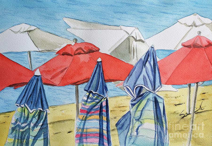 Beach Umbrella Colours Painting by Sonia Mocnik