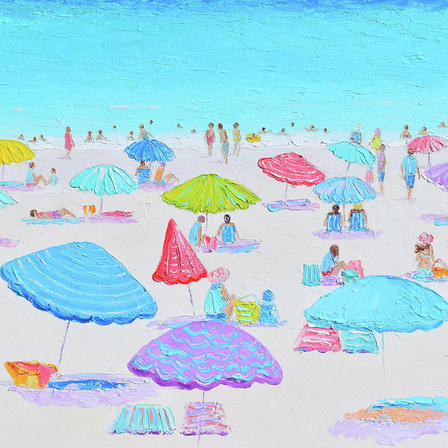 Beach Umbrellas and Blue Ocean impression Painting by Jan Matson