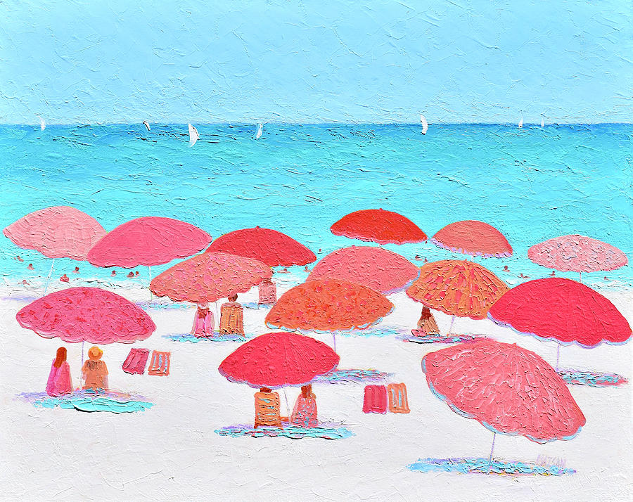 Beach Umbrellas in Coral Shades Painting by Jan Matson