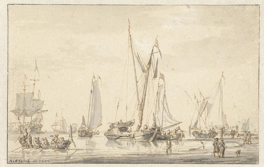 Beach view with moored ships, Abraham Storck, 1681 Painting by MotionAge Designs