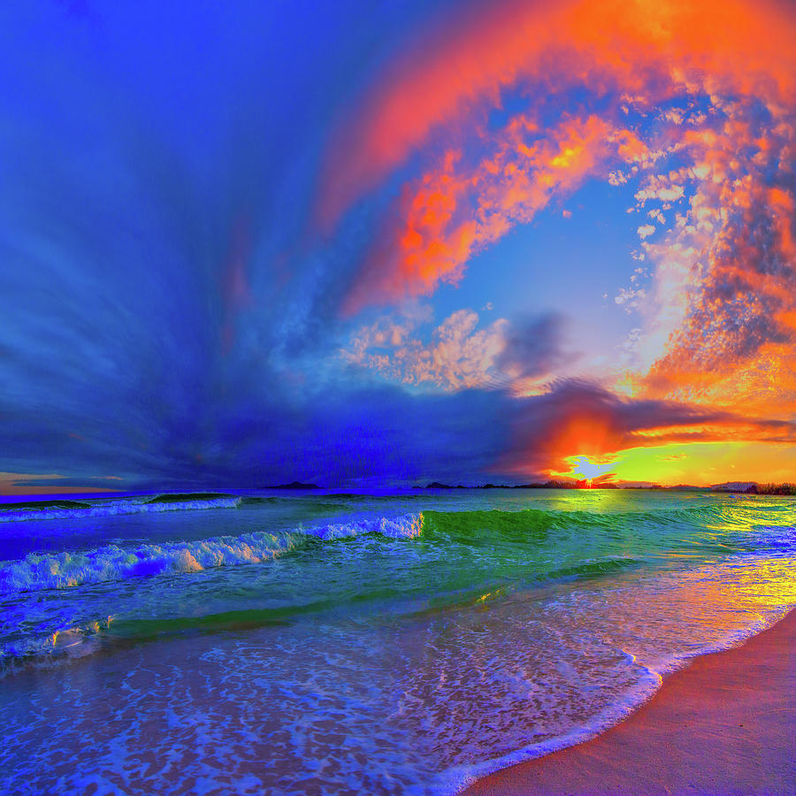 Beach Wave Vibrant Orange Blue Sunset Photograph by Eszra Tanner