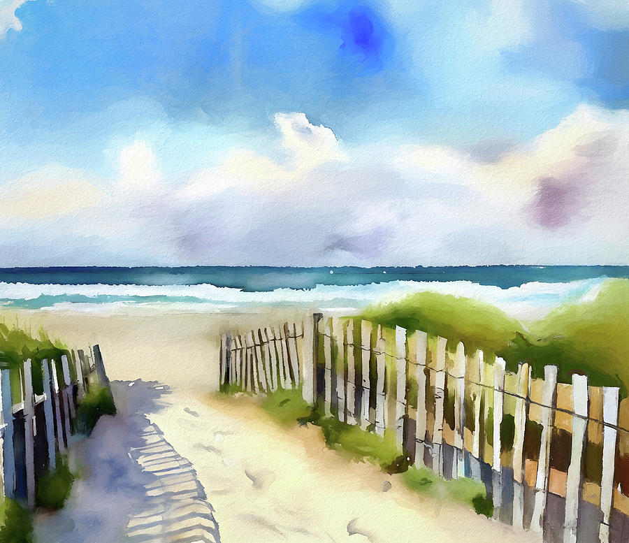 Beach with Dune Fence Digital Art by Alison Frank