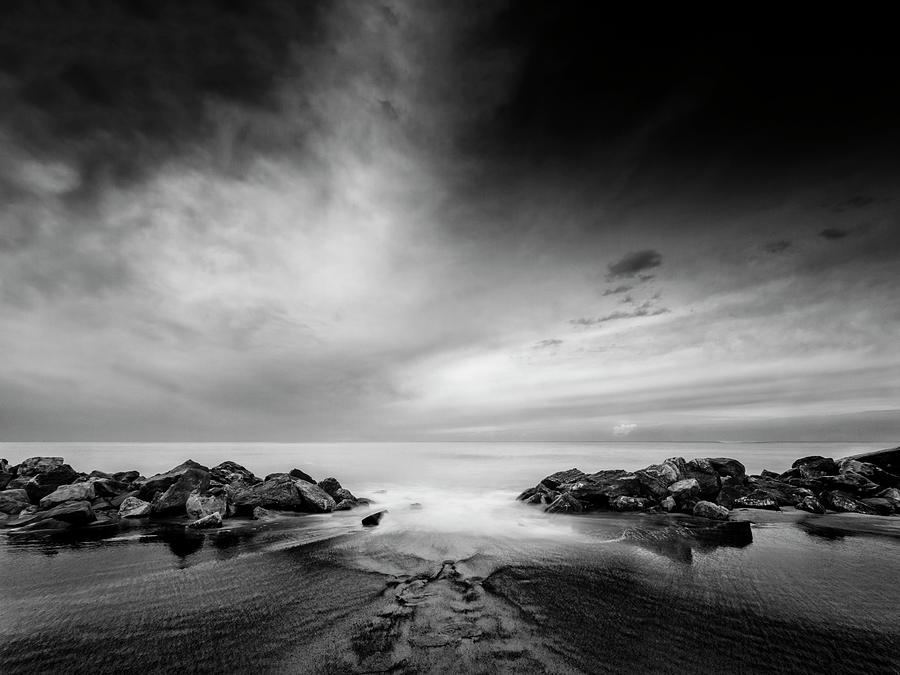 Beach with rocks and clouds, black and white, - Tuscany - Livorno ...