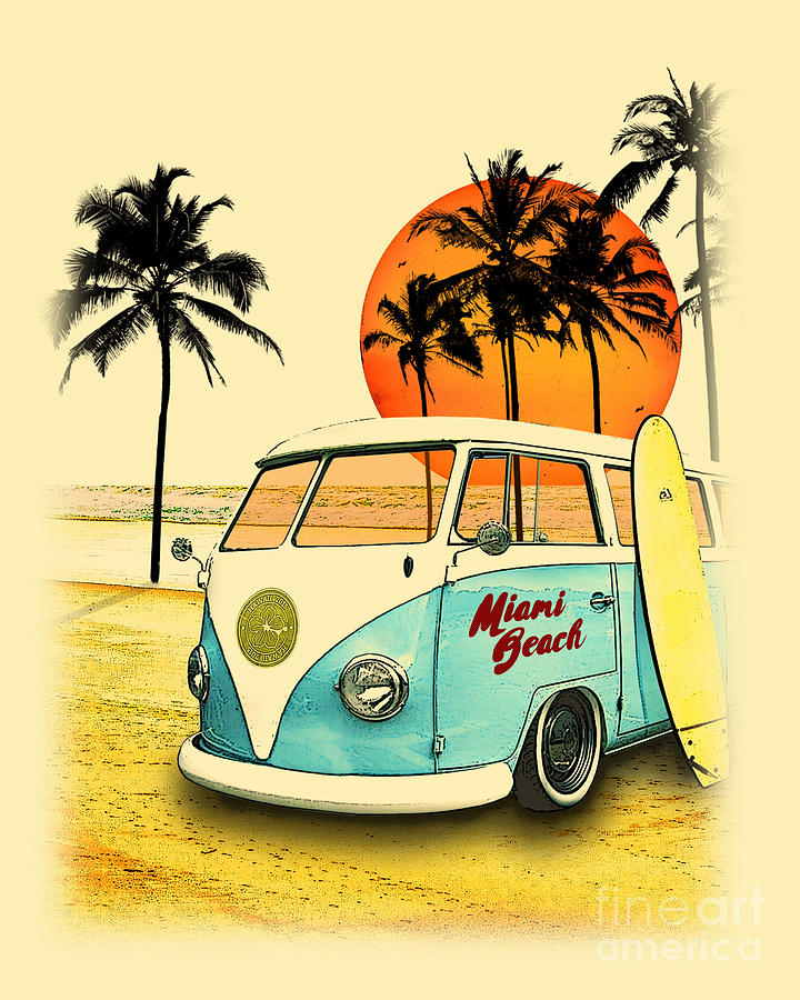 Summer Digital Art - Beach with surfer bus by Madame Memento