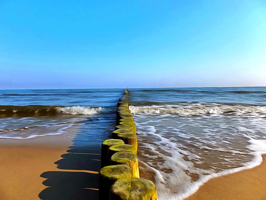 Beach with wooden breakwaters Digital Art by Ralph Kaehne