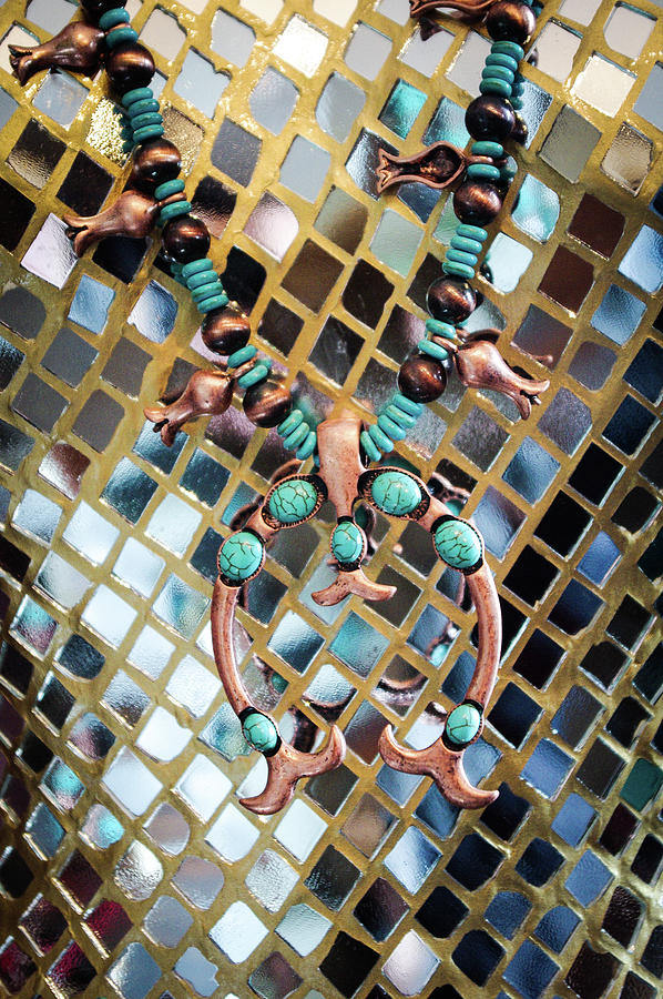 Beaded Necklace and Turqoise/Copper Medallion Against Glass Mosaic Photograph by Mary Tastad Beaded Necklace and Turqoise/Copper Medallion Against Glass Mosaic Photograph by Mary Tastad
