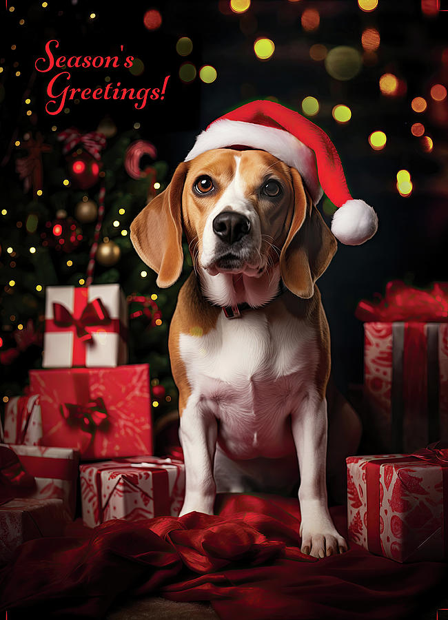 Beagle In Santa Hat And Christmas Gifts Holiday Card Mixed Media