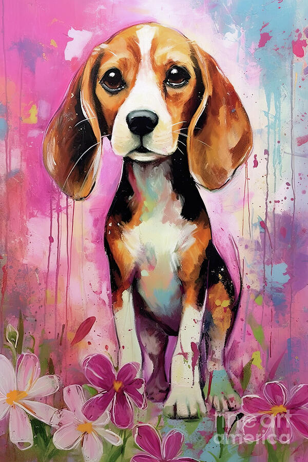 Beagle In The Pink Daisies Painting by Tina LeCour