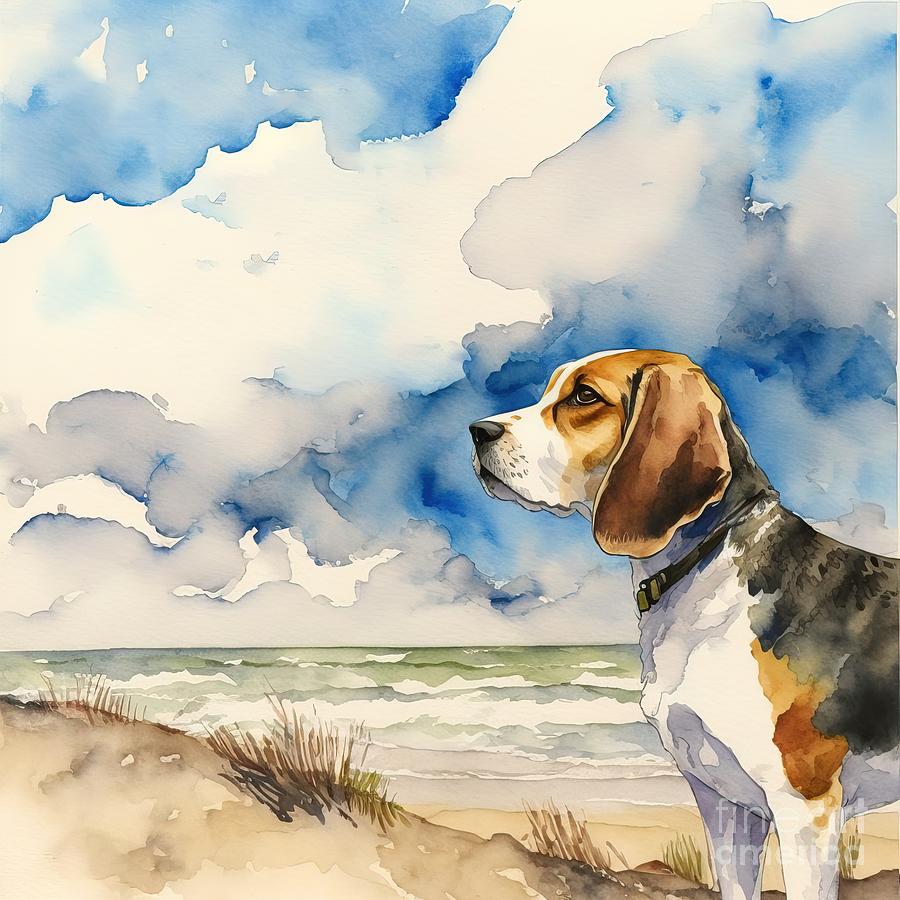 Nature Painting - Beagle Profile Portrait At The Beach  by N Akkash
