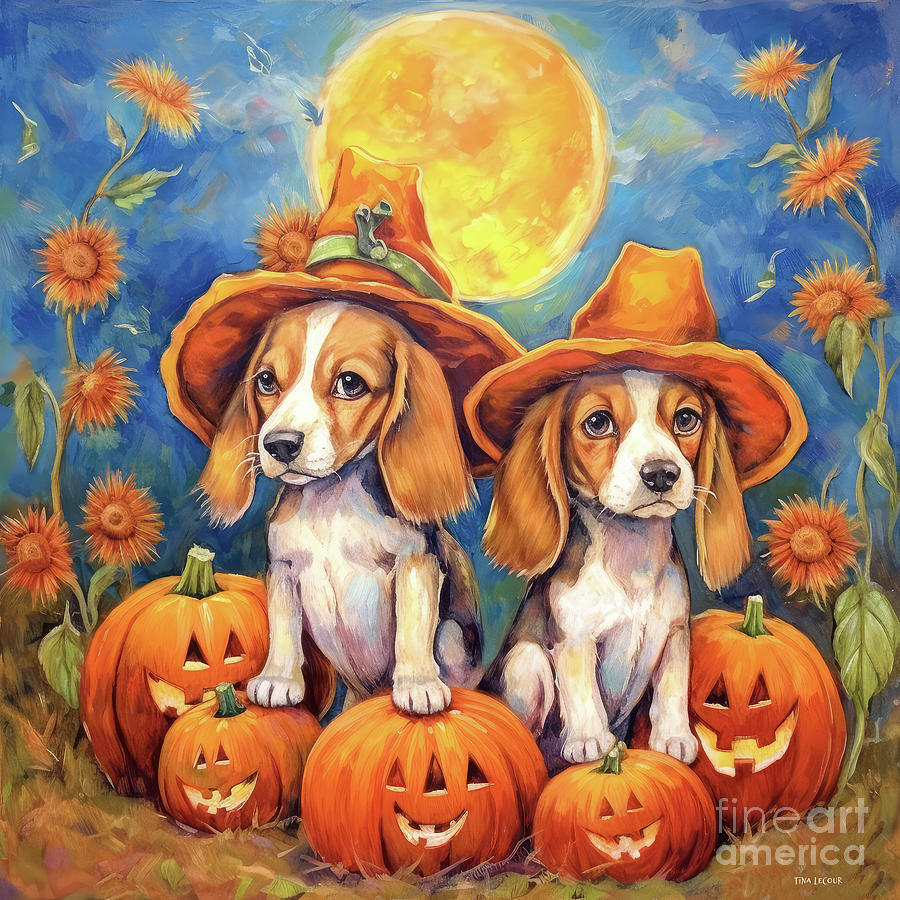 Halloween Painting - Beagles In The Pumpkin Patch by Tina LeCour