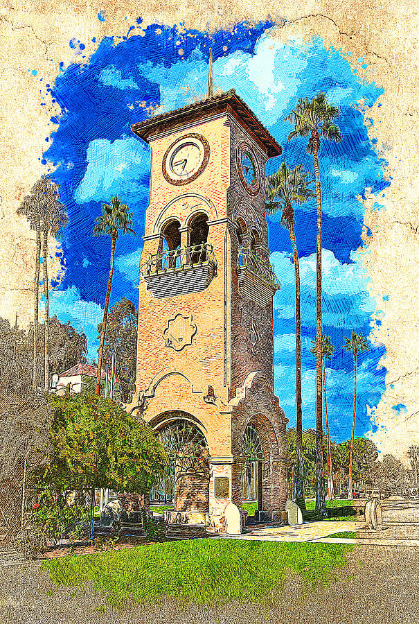 Beale Memorial Clock Tower in Bakersfield, California - colored drawing Digital Art by Nicko Prints