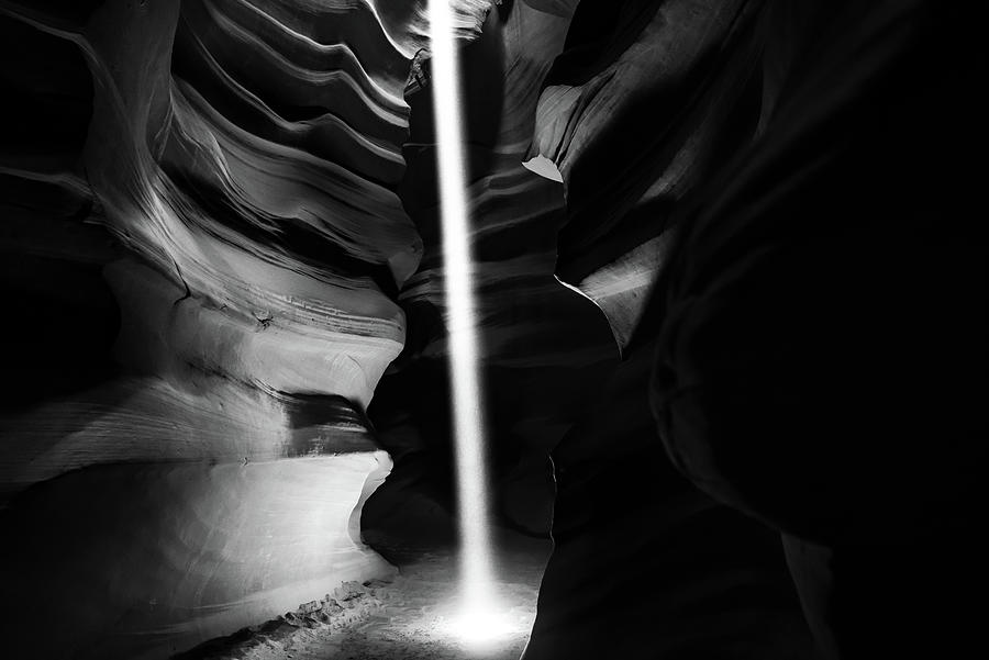 Beaming Light In Antelope Canyon - Black and White Photograph by Gregory Ballos