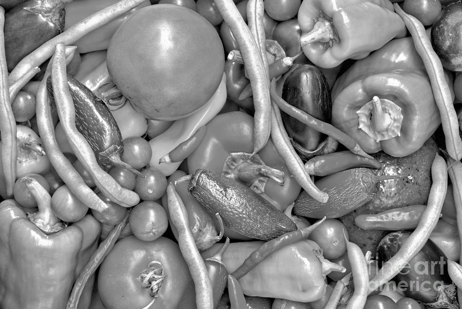 Beans Peppers Eggplants And Tomatoes Black And White Photograph by Adam Jewell