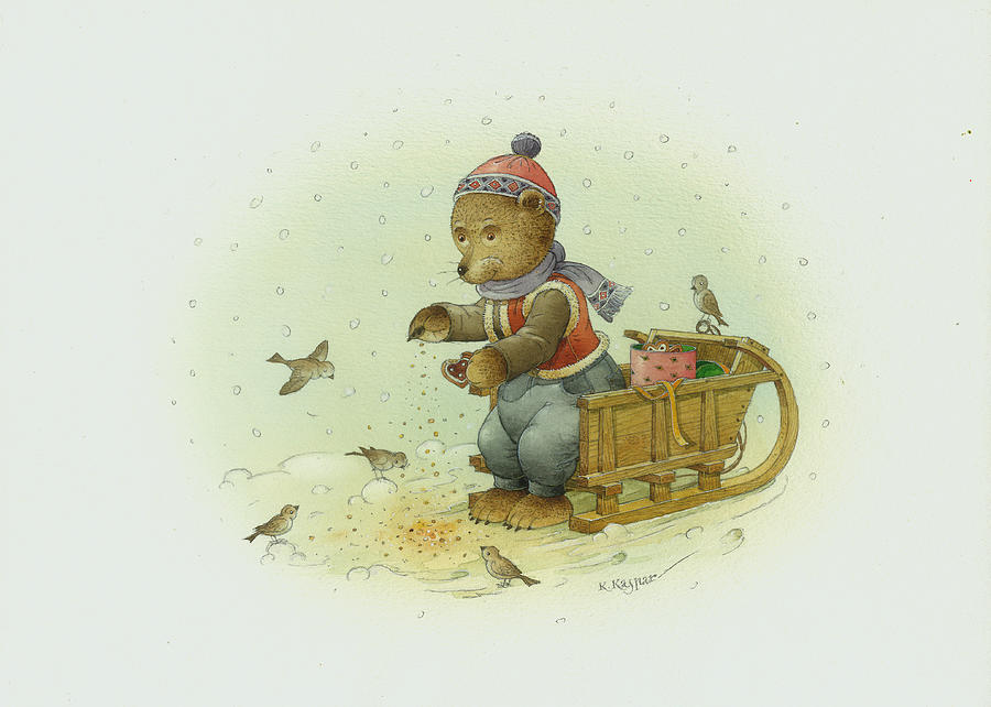 Christmas Painting - Bear and Birds by Kestutis Kasparavicius
