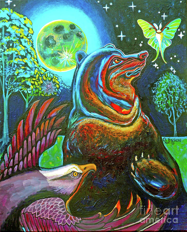 Bear And Eagle On A Full Moon With Luna Moth Painting by Genevieve Esson