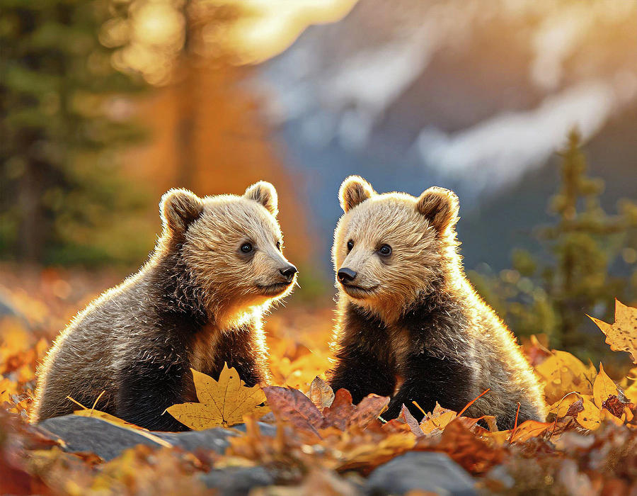 Bear Cubs in Autumn Digital Art by Adam Mateo Fierro