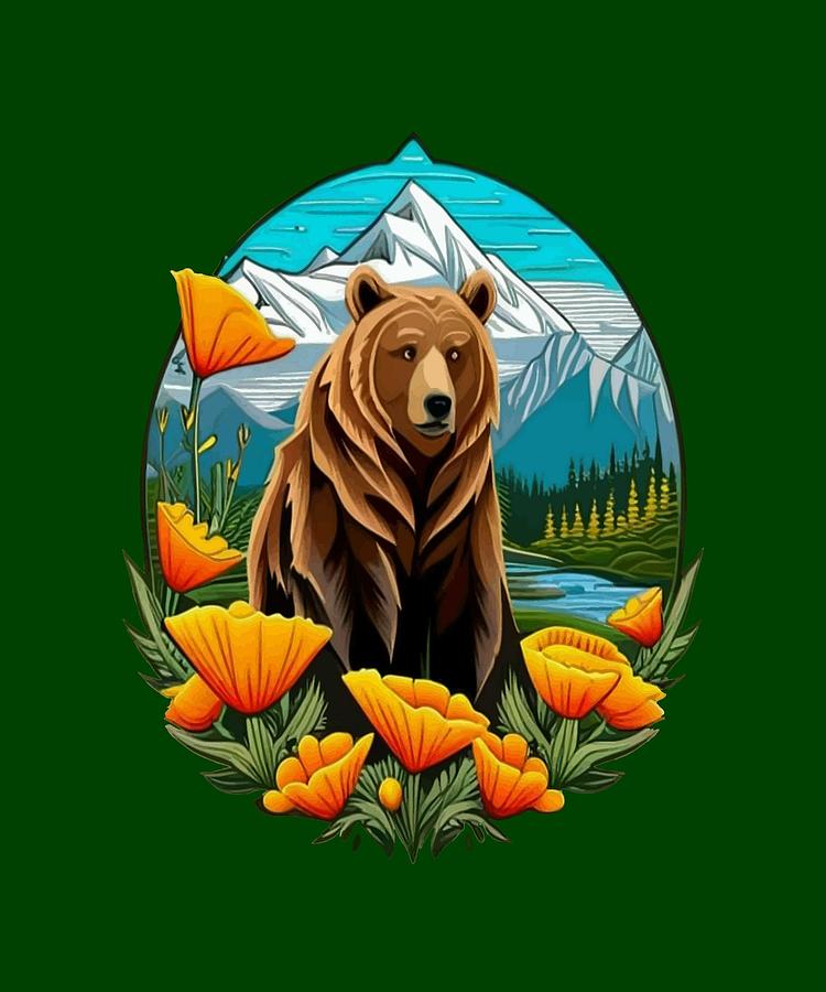 Bear In Mountain Landscape Surrounded By Orange California Poppies Digital Art by Taiche Acrylic Art
