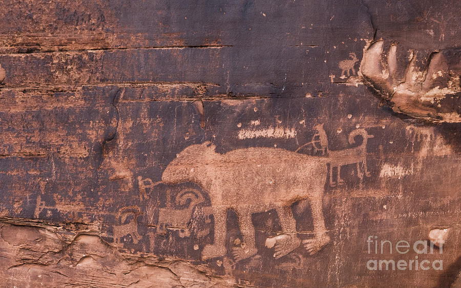 Prehistoric Photograph - Bear Petroglyph on Sandstone Cliffs, Potash Road - Detail by John Arnaldi