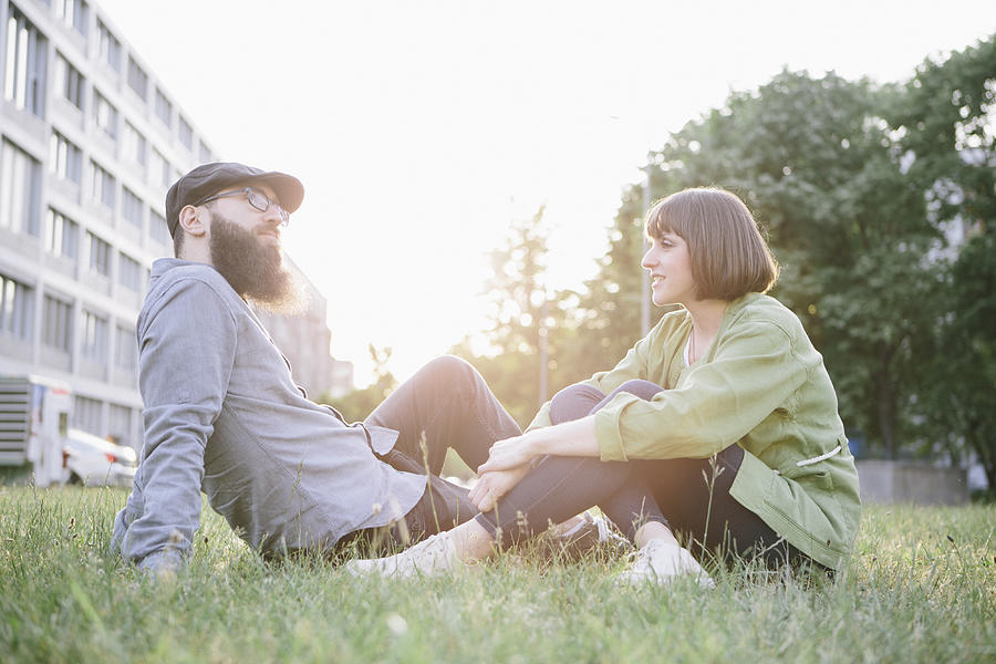 Bearded Hipster And Girlfriend Relax In Park, Make A Rest Photograph by Fotografixx