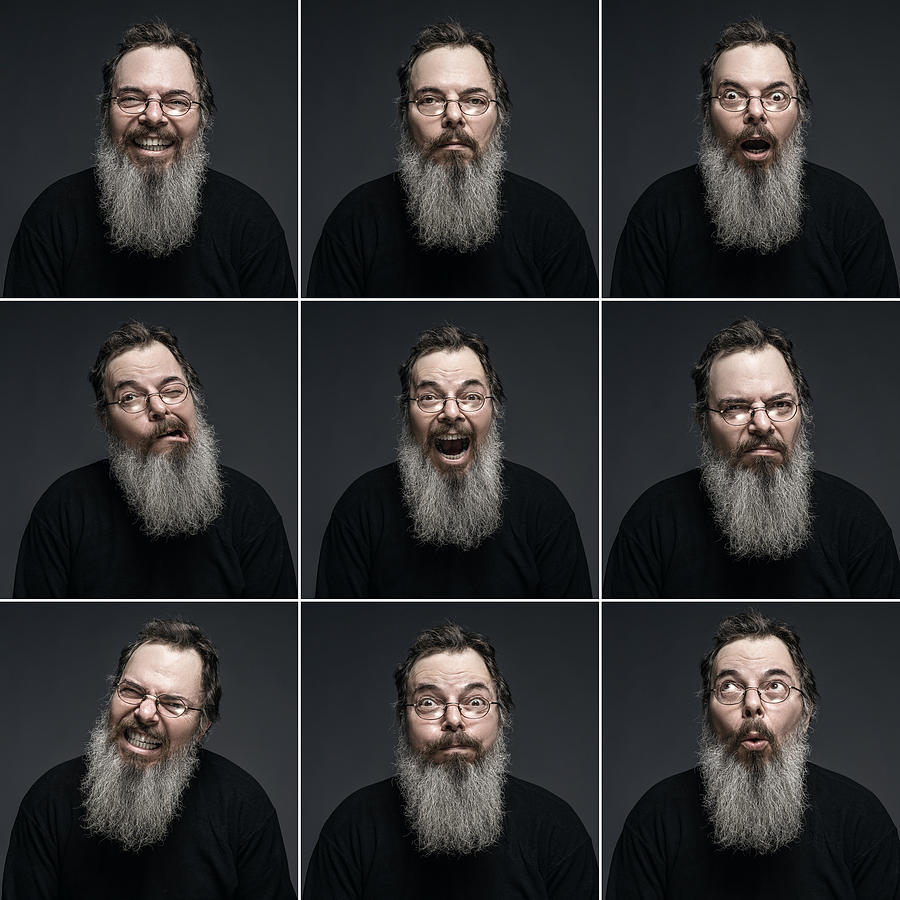 Bearded mature man making multiple expressions Photograph by Ozgur Donmaz