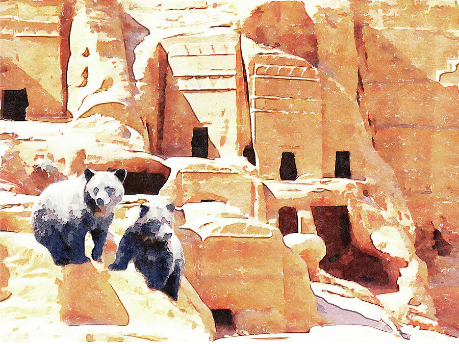 Bears at Petra Wildlife Watercolor Digital Art by Shelli Fitzpatrick