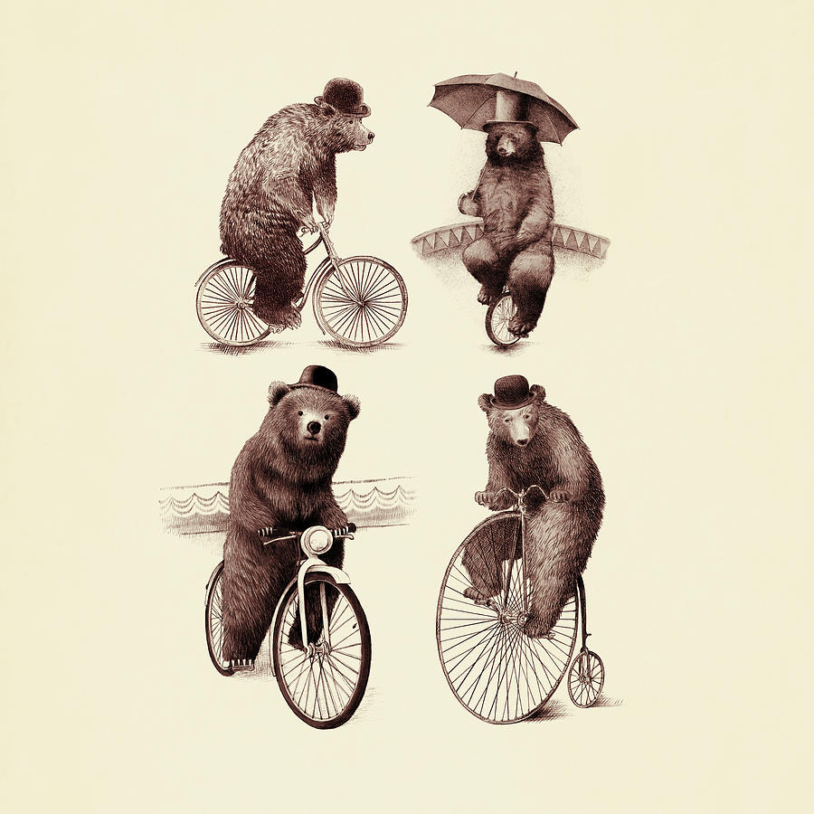 Bears on Bicycles Drawing by Eric Fan