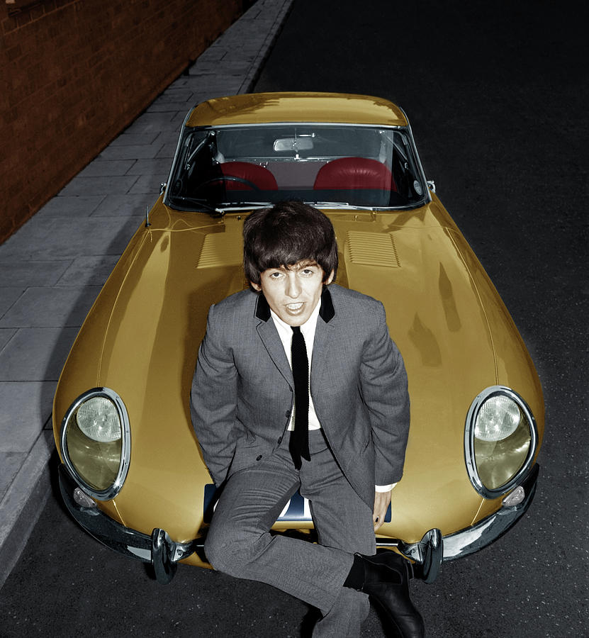 Beatle George Harrison in 1964 Jaguar XKE - Colorized Photograph by Retrographs