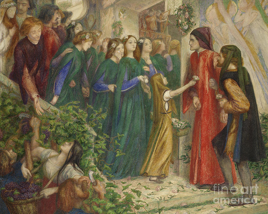Beatrice Meeting Dante at a Marriage Feast Denies Him Her Salutation, 1860s Painting by Dante Gabriel Charles Rossetti