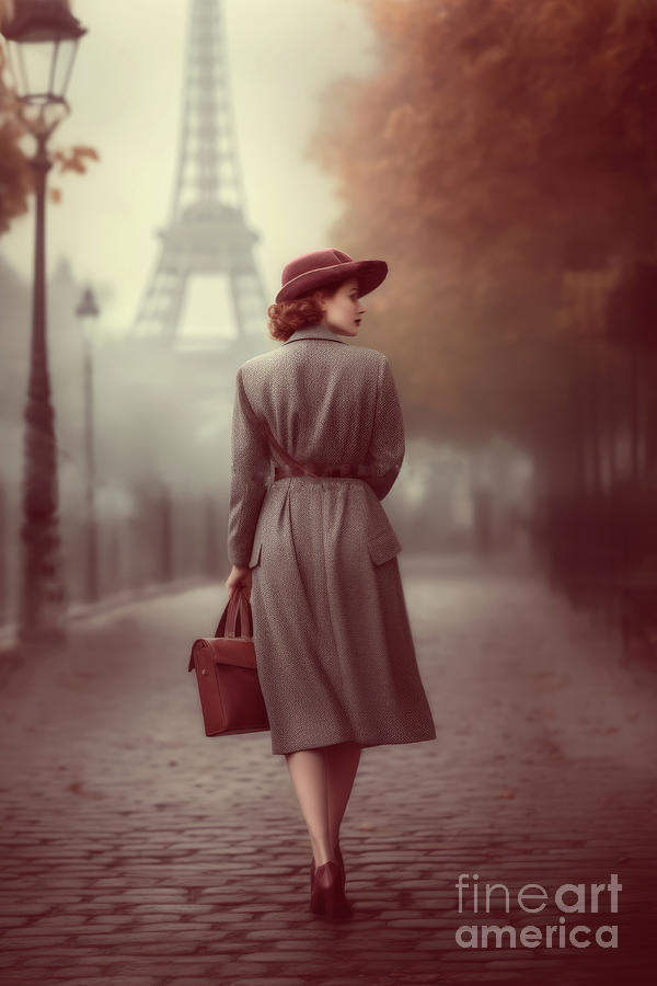 Eiffel Tower Digital Art - Beautiful 1940s woman walking in Paris in Autumn by Lee Avison