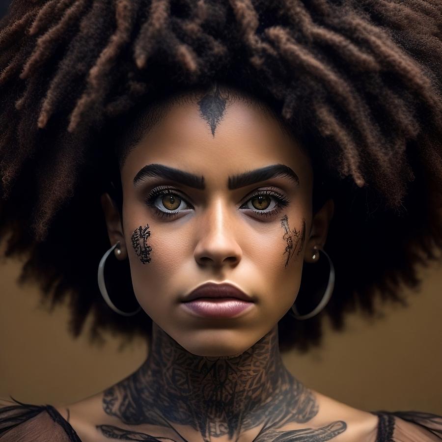 Beautiful Afrocentric Women with Facial and Neck Tattoos Digital Art by