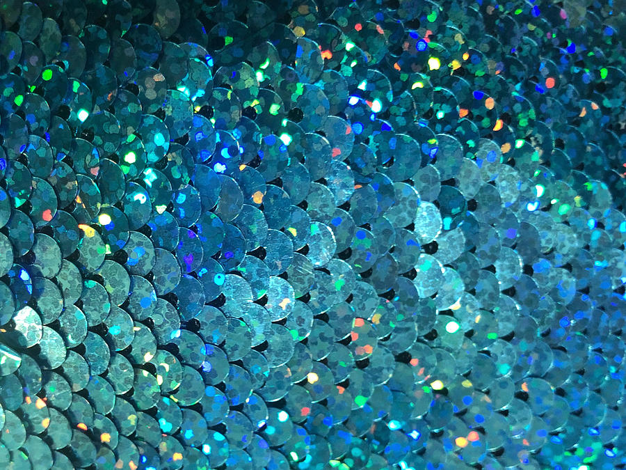 Beautiful And Colorful Sequins Sparkling Under The Light. Sequins Close-up Macro. Abstract Background With Sequin Pattern. Glamourous Fabric, Blue Shades Photograph